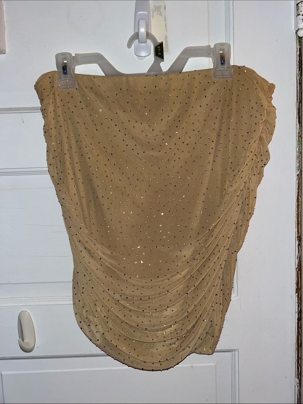 Beige Rhinestone-Studded Ruched Skirt